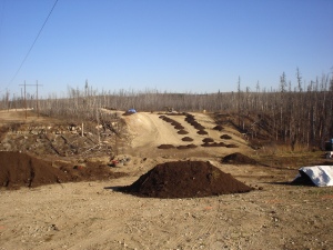 Foreground – bench area top of slope south side; background – graded slope on north side of Beaver Creek. Muskeg/mulch piles, October 2007