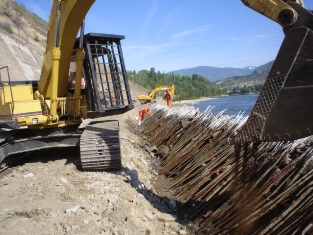 Live cuttings placed in trench, trench being backfilled with topsoil and native soil material